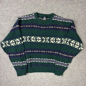Vintage Pure Stuff Green Fair Isle Sweater Men Large 100% Cotton Made in USA 90s